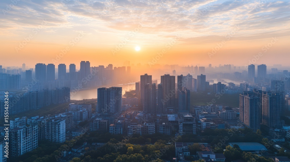 Fototapeta premium Urban sunrise over a city river