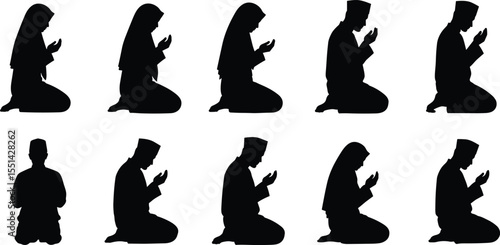 Muslim, man, woman, praying, silhouette, worship, Islam, faith, prayer, posture, religion, devotion, spiritual, kneeling, dua, modest, hijab, traditional, cultural, belief, practice, unity, 