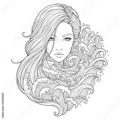 Woman with long flowing hair intertwined with ocean waves