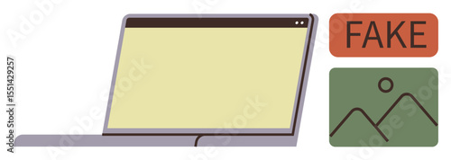 Laptop with blank screen next to a label reading FAKE and an image icon. Ideal for digital literacy, fake content awareness, media verification, internet security, misinformation prevention, online