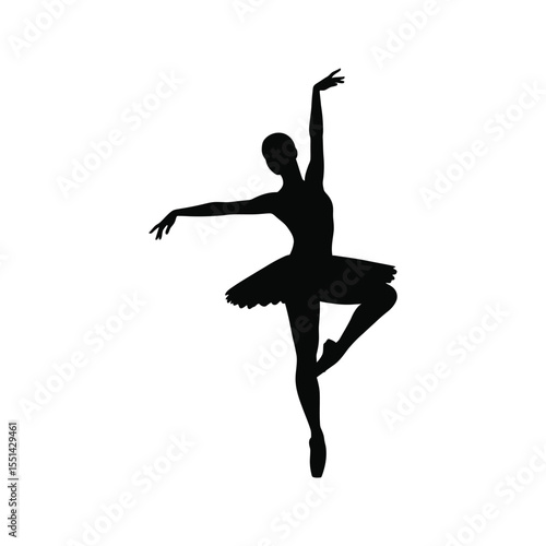 Ballet dancer silhouette elegant pose pointe shoes tutu dance art graceful movement black and white vector illustration graphic design element