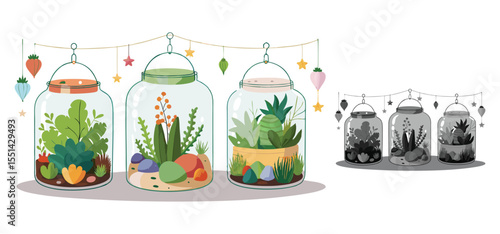 Beautiful illustration of terrariums with various plants decorated with hanging stars and seasonal ornaments in a row