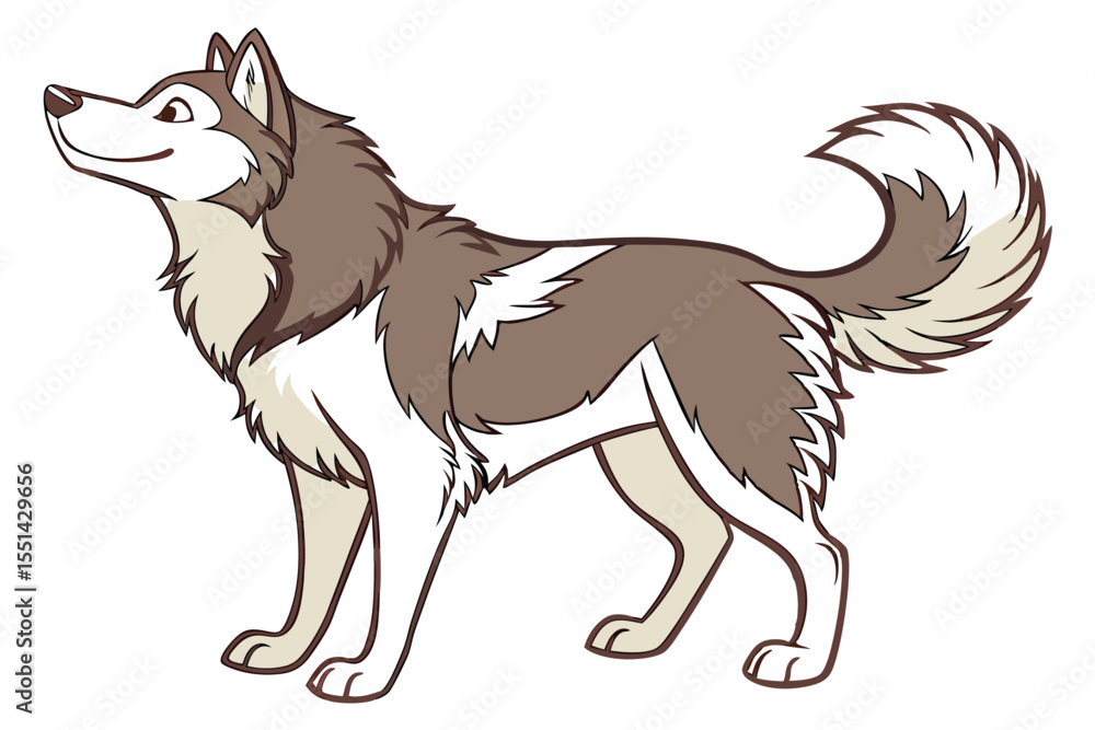 Fototapeta premium Captivating Cartoon Siberian Husky with Brown and White Fur Standing Proudly in Profile Looking Up with a Cheerful Expression