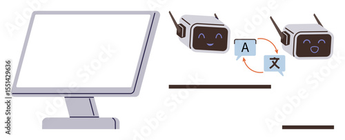Two smiling AI robots exchanging messages with a translation flow between languages adjacent to a computer screen. Ideal for artificial intelligence, language learning, tech innovation, global