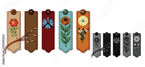 Decorative bookmarks with floral and botanical designs, ideal for reading accessories, isolated on white background.