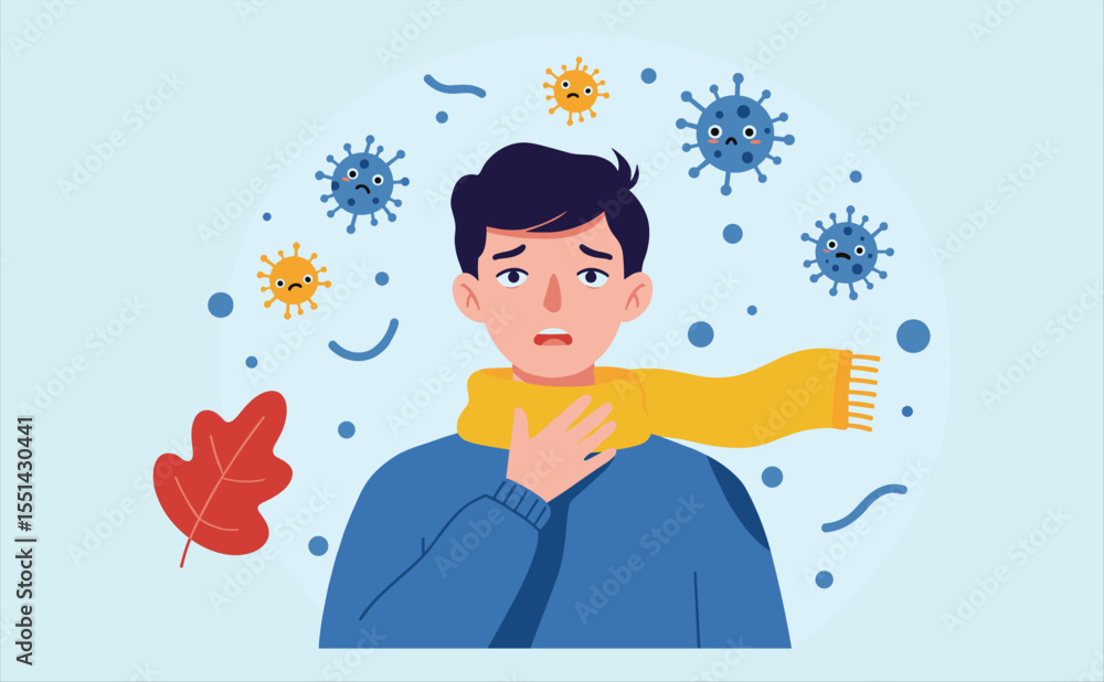 Man with Sore Throat and Viruses, Symbolizing Illness, Infection, Cold, Flu, and Health Concerns, Highlighting Sickness Symptoms and Viral Spread. Man with Sore Throat and Viruses, Symbolizing Illness, Infection, Cold, Flu, and Health Concerns, Highlighting Sickness Symptoms and Viral Spread.