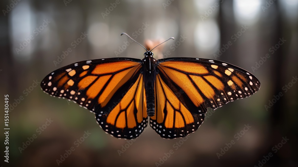 Fototapeta premium Colorful monarch butterfly showcases its striking patterns while resting in a forest environment.