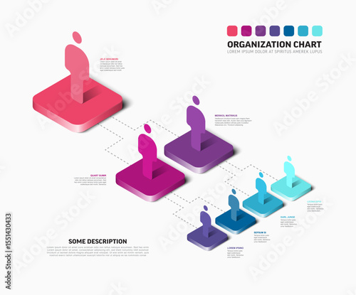 Isometric organization chart illustrates a clear business hierarchy. It visually represents team structure and connections, making it an ideal organization chart to display any company's hierarchy.