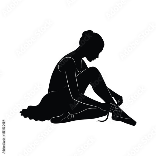 Ballet dancer silhouette graceful ballerina tying pointe shoes black and white vector illustration