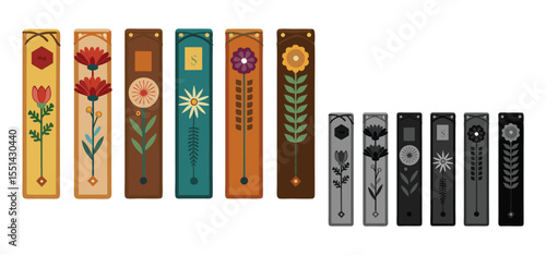 Decorative floral book spines in varying colors featuring stylish ornamental designs perfect for illustration purposes