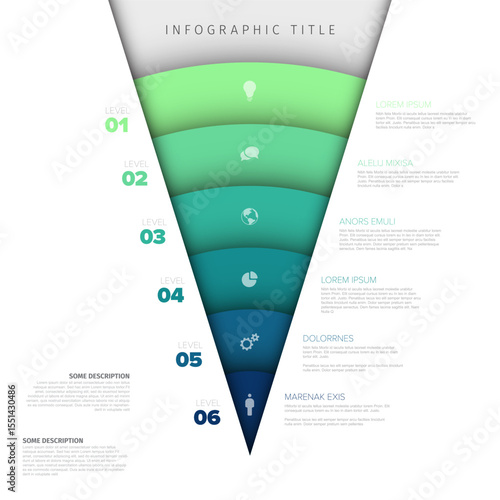 A vibrant funnel infographic template features six distinct colored levels, each with an icon and placeholder text. Versatile funnel infographic for presentations, showing steps, or data visualization