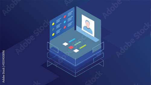 Holographic Resume Viewer With Skill Charts - Futuristic Isometric Illustration