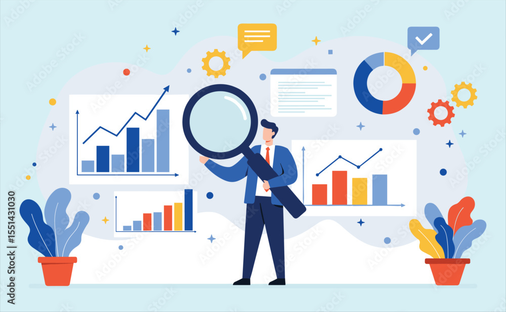 Businessman Analyzing Business Data and Statistics with Magnifying Glass, Optimizing Growth, Marketing Strategy, Financial Performance, and Market Research for Success. Businessman Analyzing Business Data and Statistics with Magnifying Glass, Optimizing Growth, Marketing Strategy, Financial Performance, and Market Research for Success.