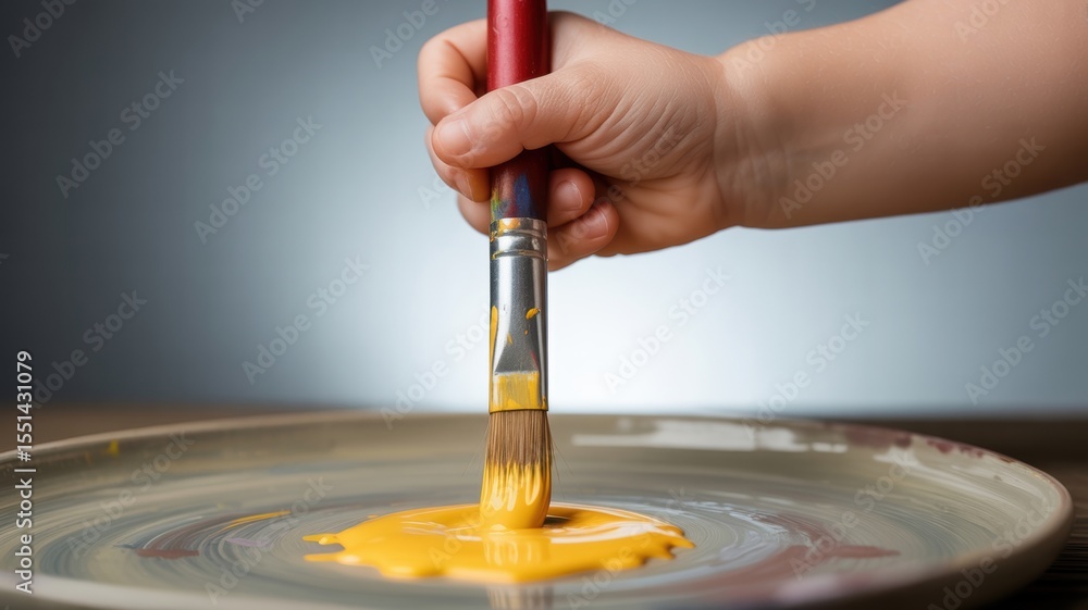 Obraz premium Child's hand painting with yellow paint on ceramic plate