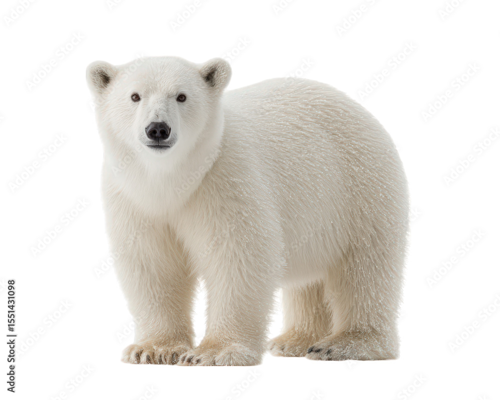 Fototapeta premium Polar bear standing isolated on transparency background fluffy fur arctic animal winter wildlife looking forward calm expression full body large mammal cold climate