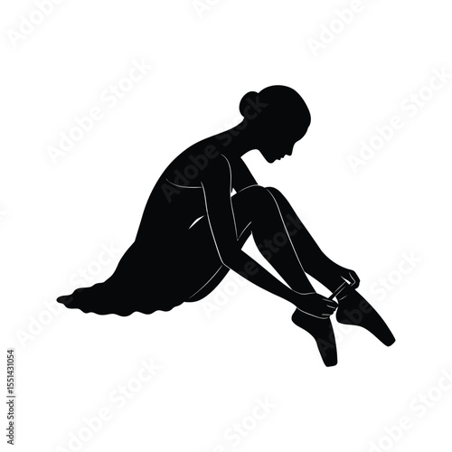 Ballet dancer silhouette tying pointe shoes elegant black and white illustration dance art graphic