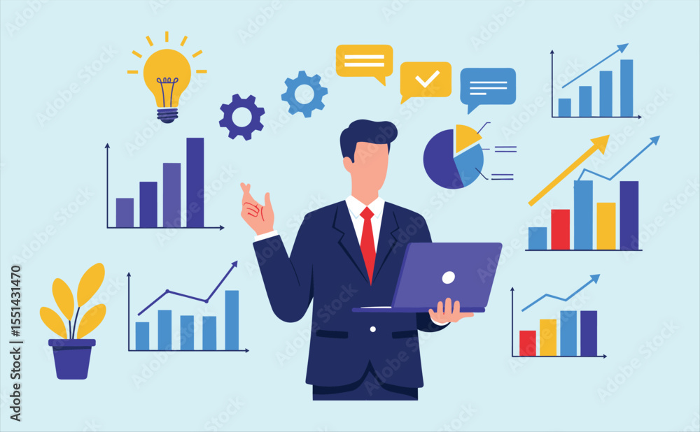 Businessman Innovating and Analyzing Data for Business Growth, Marketing Strategy, Financial Performance, and Market Trends with Insights and Communication for Success. Businessman Innovating and Analyzing Data for Business Growth, Marketing Strategy, Financial Performance, and Market Trends with Insights and Communication for Success.