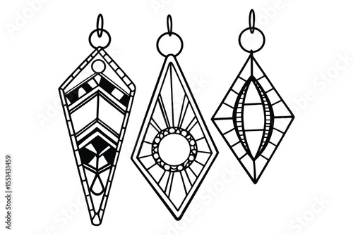 Three elegant diamond shaped earrings illustration featuring geometric and art deco design elements with clean lines
