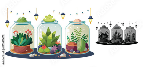 Three decorative terrariums in glass jars featuring various succulents and plants with hanging lights illustration
