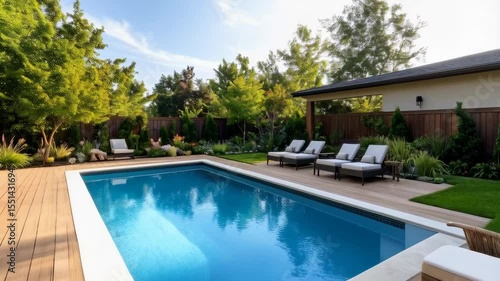 Luxurious backyard with swimming pool, outdoor lounge chairs and lush trees on a sunny day