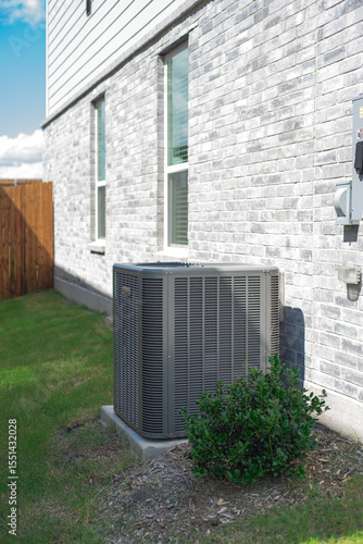 Photography Outdoor HVAC unit and wall mounted electrical boxes installed alongside modern b