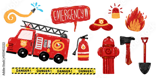 Cute set collection of red fire engine truck fireman firefighter icons clipart doodle watercolor crayon kids illustration in bright vibrant colors vector elements