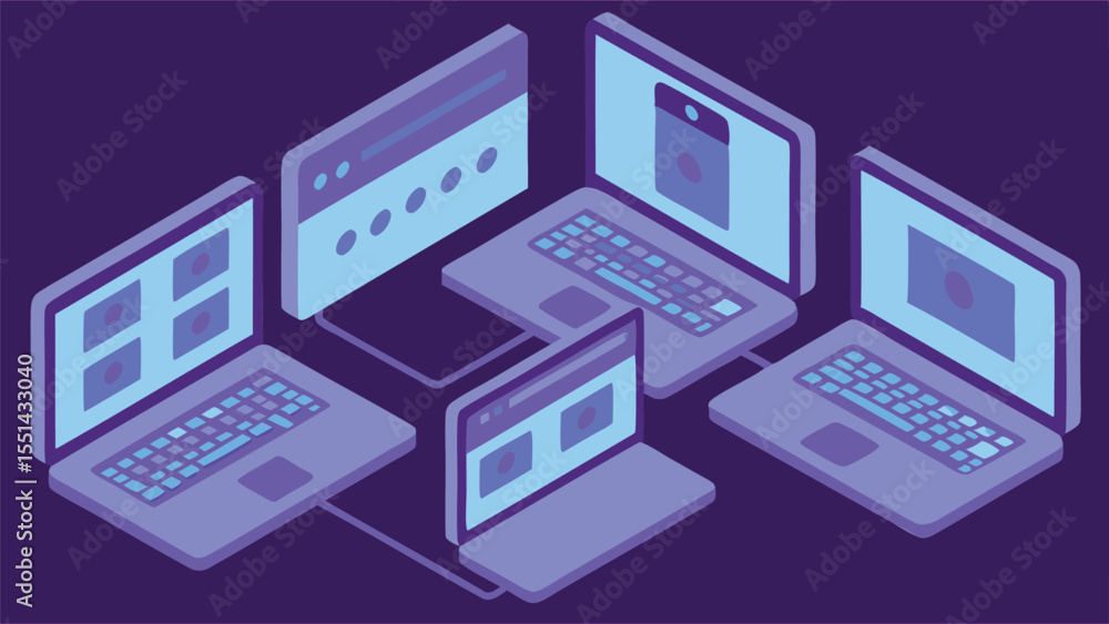 Multi Device Sync Interface With Connected - Futuristic Isometric Illustration Multi Device Sync Interface With Connected - Futuristic Isometric Illustration