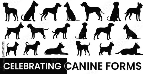 Dog silhouette vector set, various breeds, black dog shapes, standing sitting laying poses, canine artwork illustration, domestic pet animal clipart, editable puppy dog collection