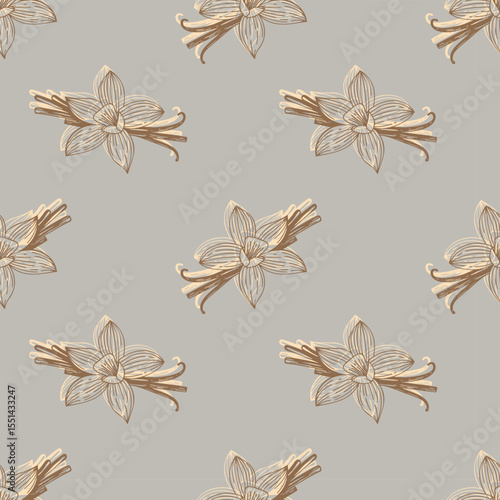 Pattern with aromatic spices Vanilla flowers and vanilla beans.