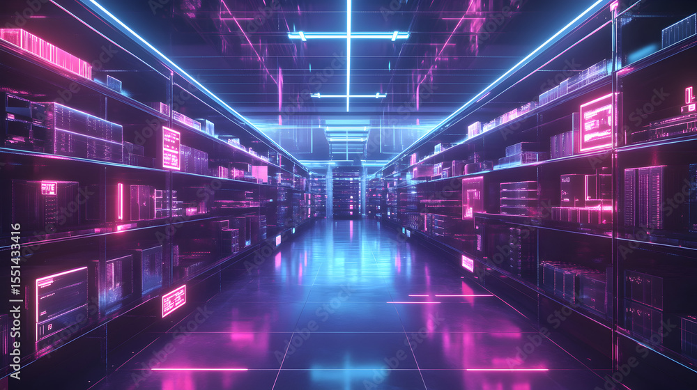 Fototapeta premium Futuristic Retail Store Featuring Smart Shelves Showcasing Digital Transformation and Automation in Modern Shopping Experience 16354267 1