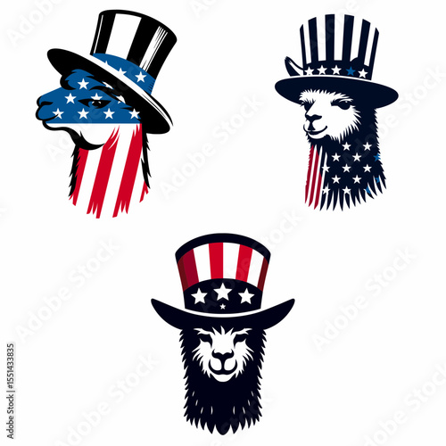 Alpaca. Logo Head Face Animal Independence Day 4th of July Clipart Line Art Vector Illustration. Gentle llama family a kind creature like the vicugna camelid from Andes.