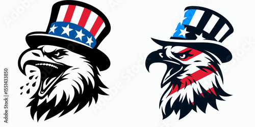 bald eagle laugh. Logo Head Face Animal Independence Day 4th of July Clipart Line Art Vector Illustration. American bird chuckle a funny avian sound or cry glee from raptor.