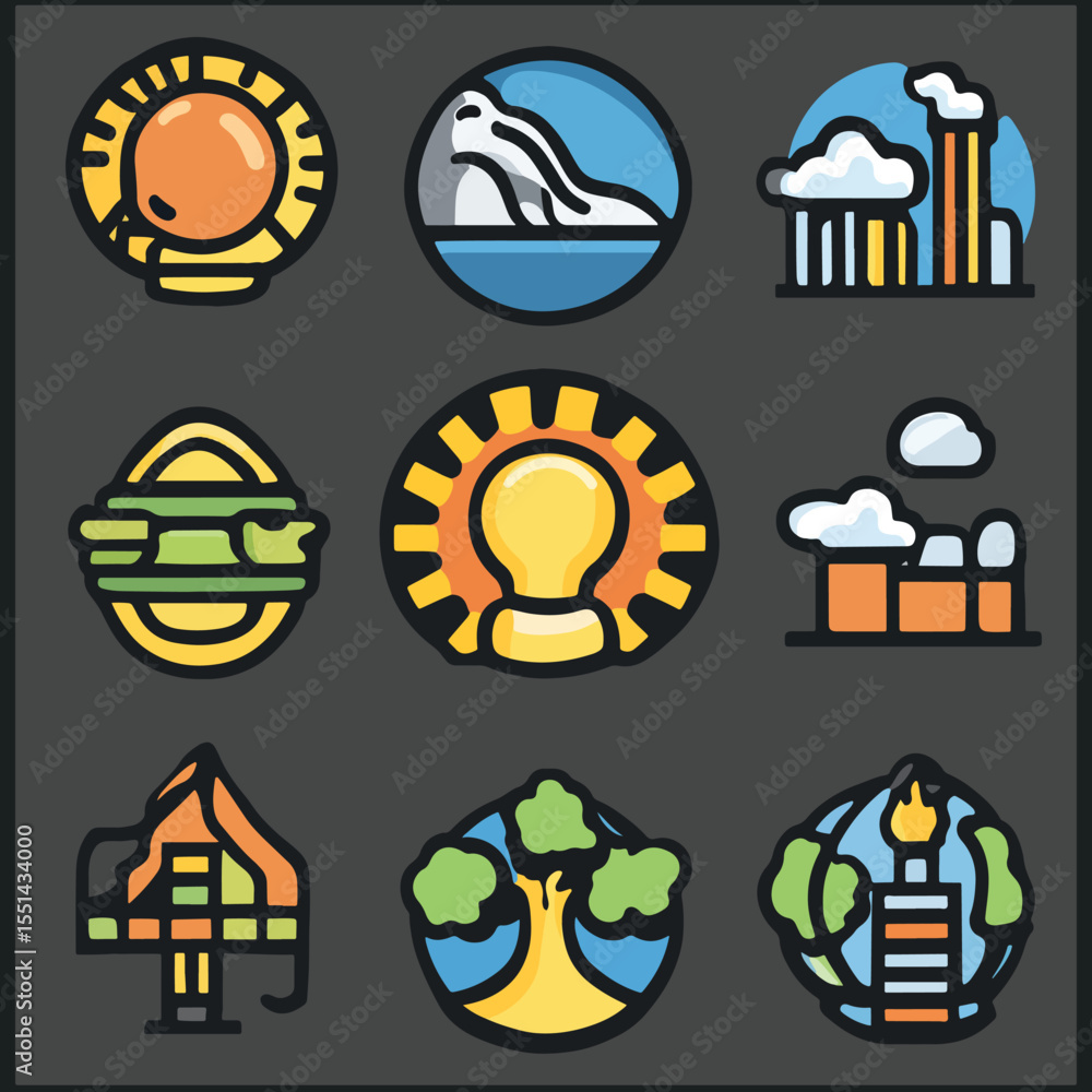 Naklejka premium Climate Change Awareness Icon Set Pollution, Emissions, and Global Warming, Climate Change