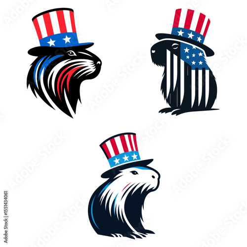 capybara. Logo Head Face Animal Independence Day 4th of July Clipart Line Art Vector Illustration. Large rodent a calm jungle mammal semi-aquatic creature nature kind.