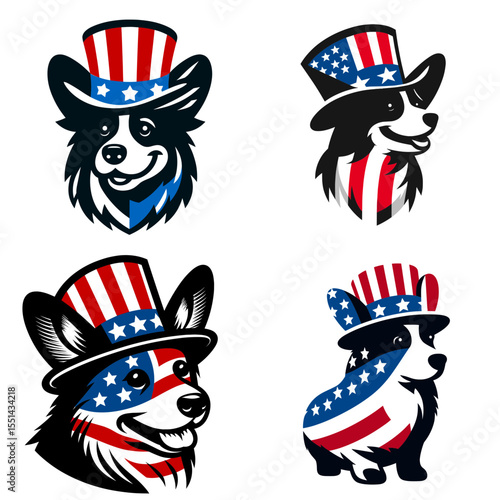 Corgi Dog. Logo Head Face Animal Independence Day 4th of July Clipart Line Art Vector Illustration. Short legged canine welsh herding breed adorable family friend.