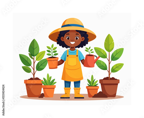 A young smiling girl gardener stands among potted plants wearing a sunhat and overalls while holding a plant and watering can