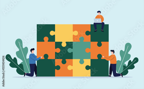 Team of Professionals Assembling Puzzle Pieces, Collaborating to Find Solutions, and Working Together to Complete a Project, Representing Problem-Solving and Teamwork.