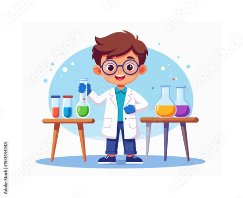 A boy wearing a lab coat and glasses stands near lab equipment holding a flask