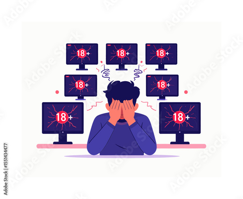 A person covering their face is surrounded by monitors displaying an 18 symbol