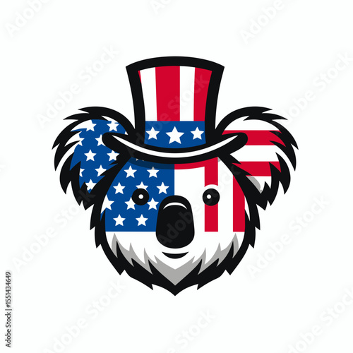 Koala. Logo Head Face Animal Independence Day 4th of July Clipart Line Art Vector Illustration. Cute australian wildlife a cuddly marsupial an arboreal herbivore mammal.