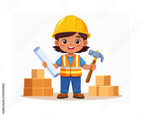 Cartoon of a young female builder in safety gear holding blueprints and a hammer standing near a small stack of bricks