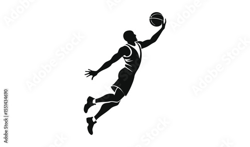 Silhouette of a basketball player performing a slam dunk with the ball