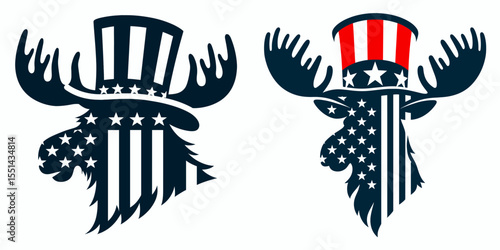 Moose. Logo Head Face Animal Independence Day 4th of July Clipart Line Art Vector Illustration. Woodland deer family member large north fauna wild creature canada.