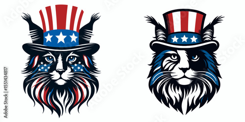 Maine Coon Cat. Logo Head Face Animal Independence Day 4th of July Clipart Line Art Vector Illustration. Large longhair domestic feline a gentle giant breed from new england.