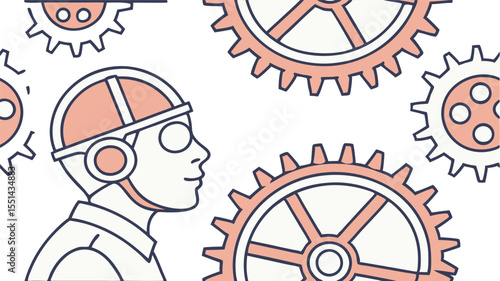 Vector cartoon illustration of a businessman with a helmet, glasses, and a clock gear design, symbolizing the concept of time and technology