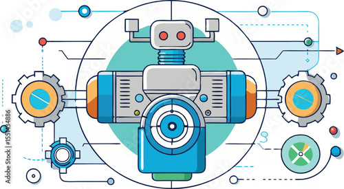 Vector illustration of an abstract robot photographer with a globe icon, symbolizing digital photography technology