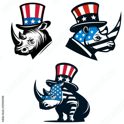 Rhino. Logo Head Face Animal Independence Day 4th of July Clipart Line Art Vector Illustration. Massive horned beast learn facts about this endangered creature wildlife.