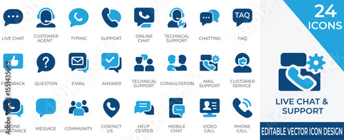 Essential solid icons representing live chat, technical support, and customer service. Perfect for websites, mobile apps, and communication-based platforms.