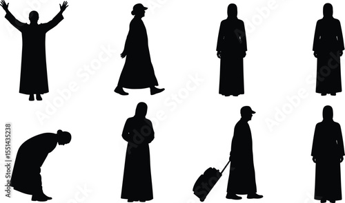 Muslim woman silhouette, walking pose, standing figure, praying gesture, Islamic female traveler, abaya dress shape, black hijab icon, religious woman vector, Islamic lifestyle illustration