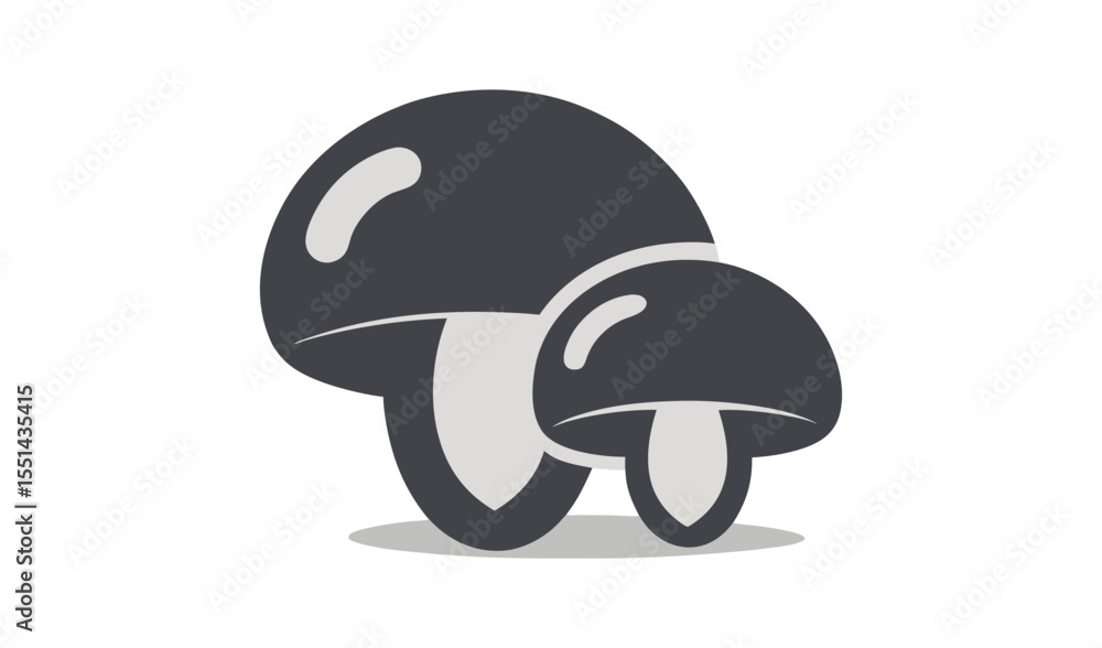 Stylized minimalist illustration of two dark grey mushrooms with light grey accents on a white background Stylized minimalist illustration of two dark grey mushrooms with light grey accents on a white background
